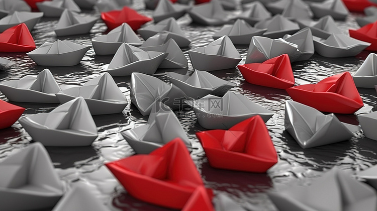 红色和灰色纸船的 3D 渲染图像