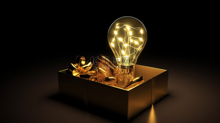 金色灯泡照亮 3d 渲染的礼品盒