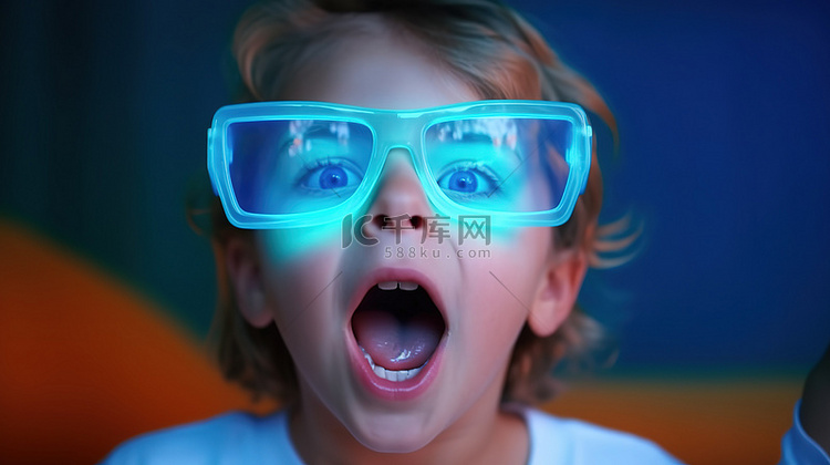戴着 3D 眼镜的孩子惊讶地咬