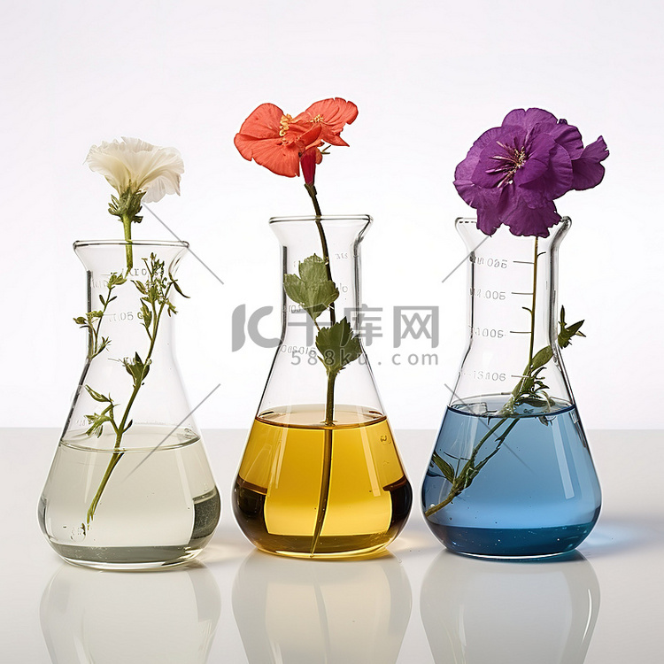 三个烧瓶，里面有不同颜色的花