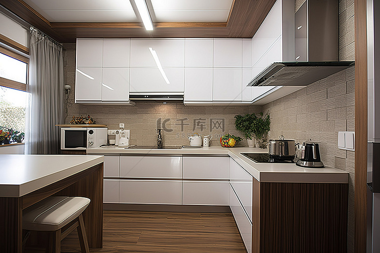 一个小厨房，配有小冰箱白色橱柜