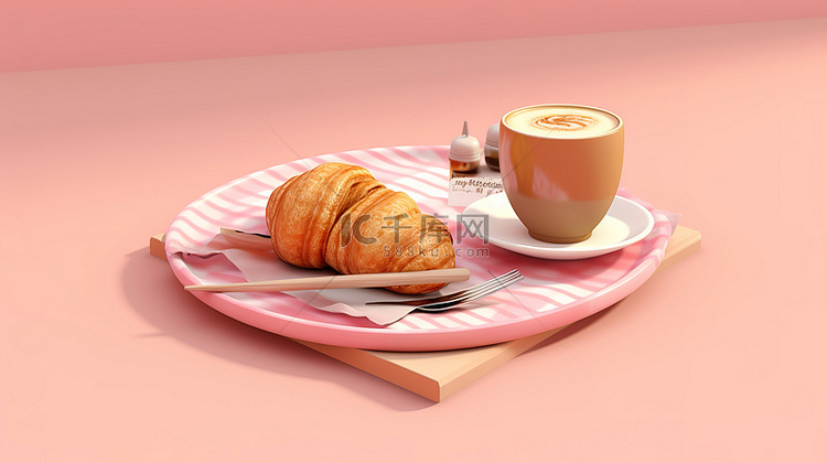 羊角面包和咖啡杯，旁边是粉色盘