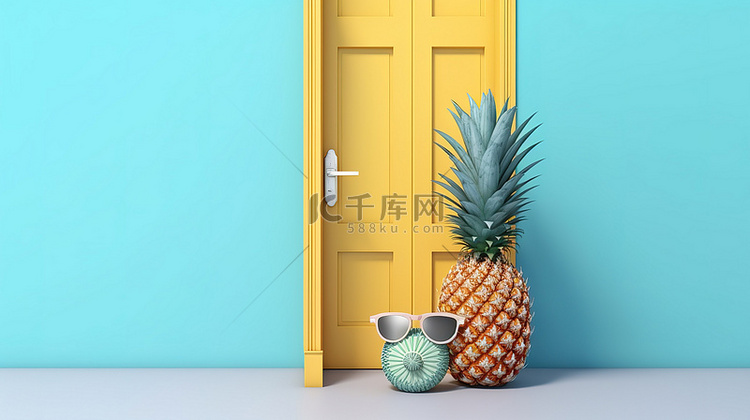 夏日氛围敞开的门和菠萝运动太阳
