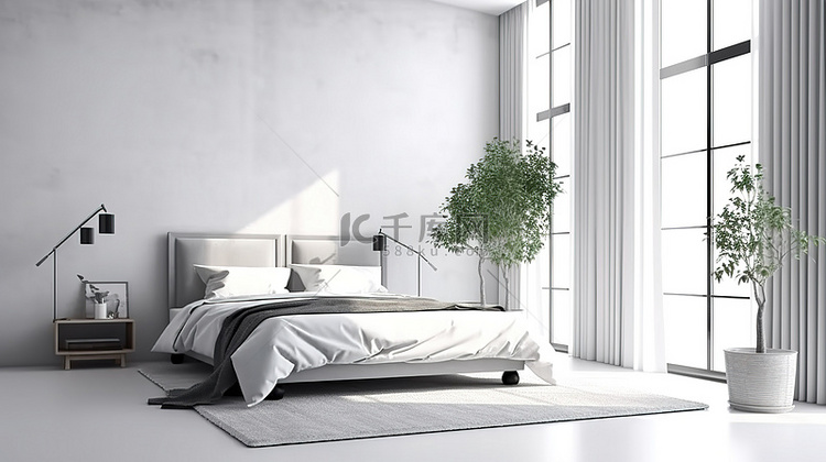 现代卧室，氛围舒适，配有白色墙