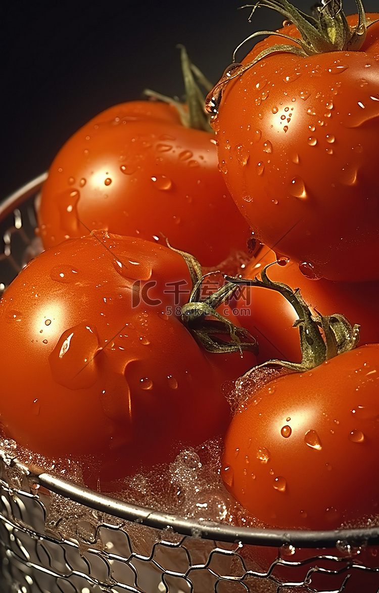 银丝篮里熟的红番茄，上面滴着水