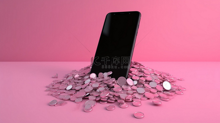 粉红色 3d 智能手机前的比特币堆