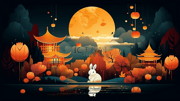 中秋节月亮兔子蓝色美丽灯笼优美