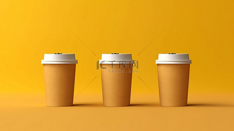 充满活力的黄色背景上的外卖咖啡
