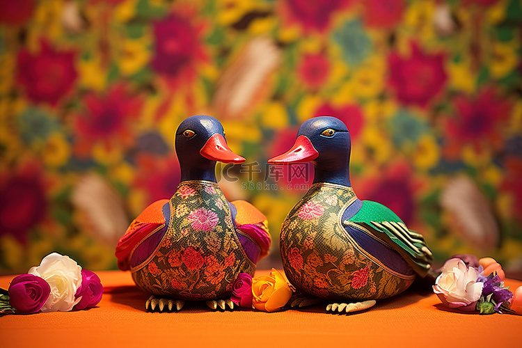 彩色桌布上的两只木鸭