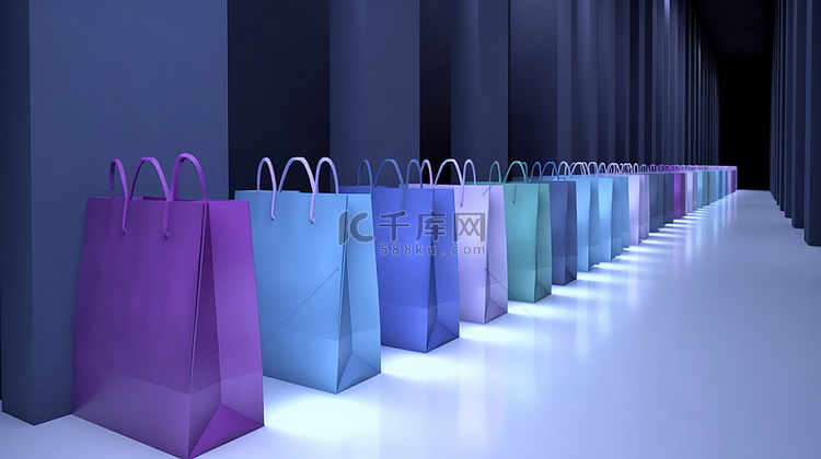 3d 渲染中的蓝色和紫色购物袋线