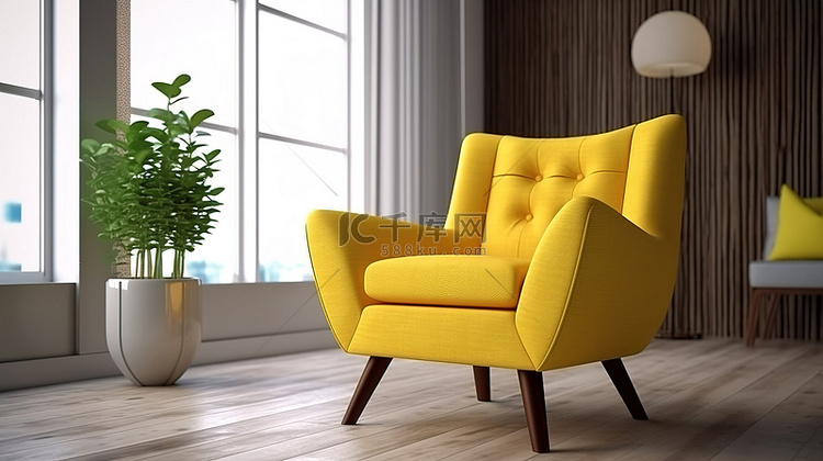 客厅里阳光明媚的黄色扶手椅的 