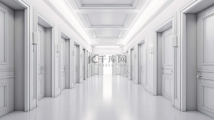3d 中带照明的白色走廊门呈现