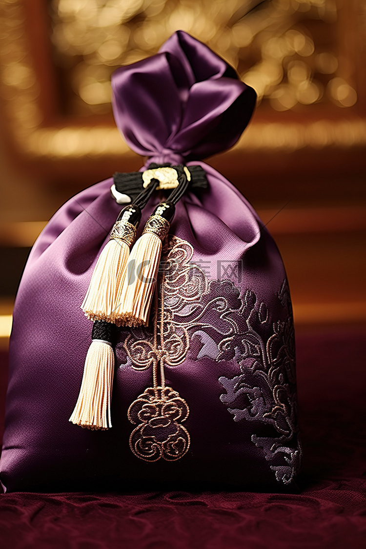 缠着流苏的紫色丝绸包