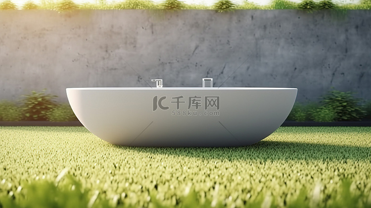 绿草上空白色浴缸的 3D 渲染