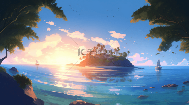 阳光岛屿早上的日出海洋自然风景