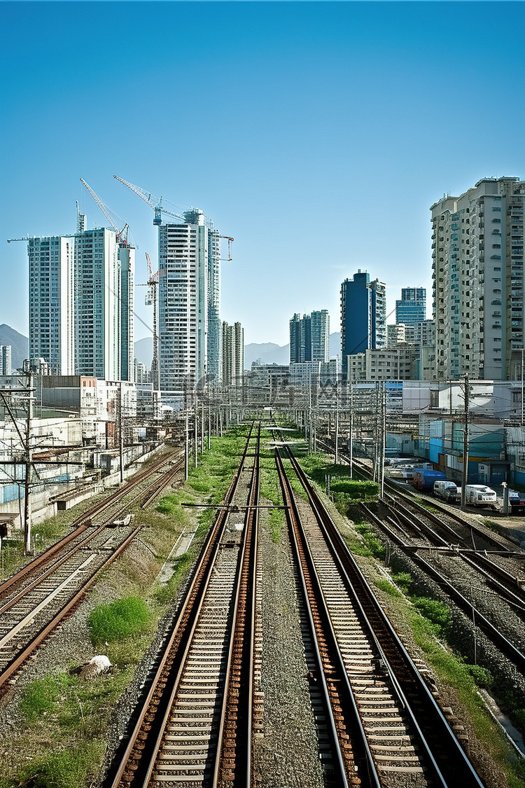 火车轨道上显示有建筑物和城市