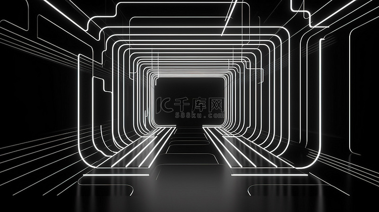 黑白霓虹抽象发光几何线隧道和带