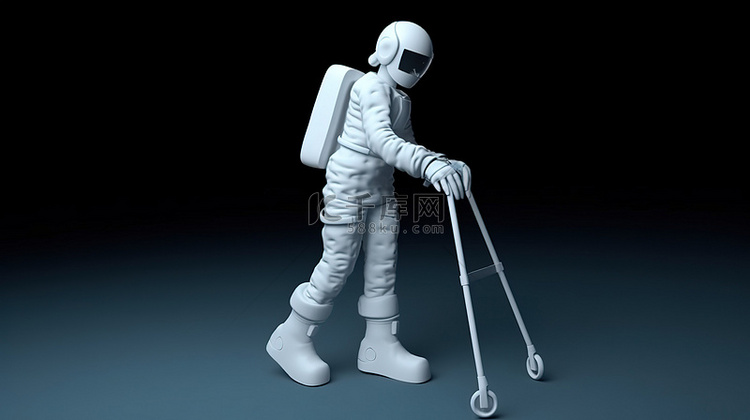 3d 插图设计宇航员拄着拐杖使