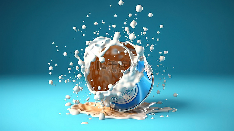 蓝色饮料罐溅上牛奶的 3D 渲