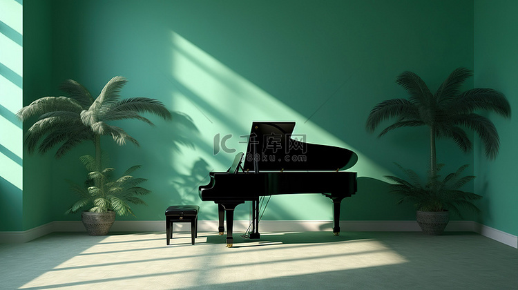 绿色单色景观中一架大钢琴的 3