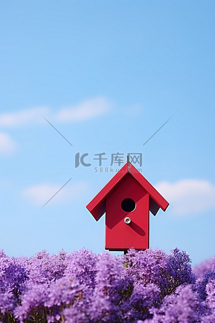 蓝天紫色花坛上的红色小鸟舍