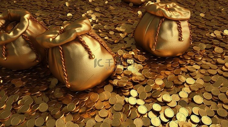 3D 金钱概念中财富袋和硬币的