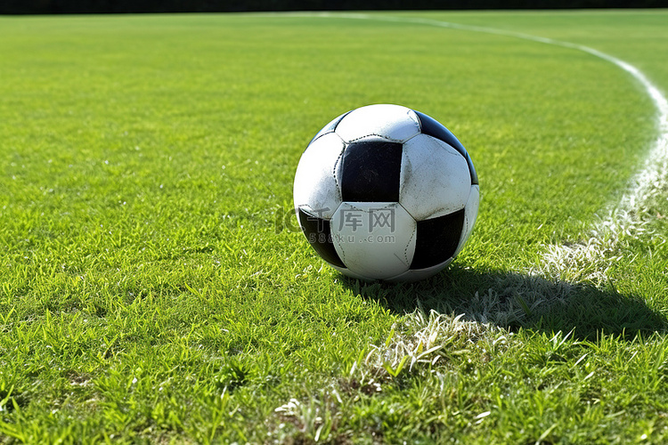 足球在草地边缘，背景为半场