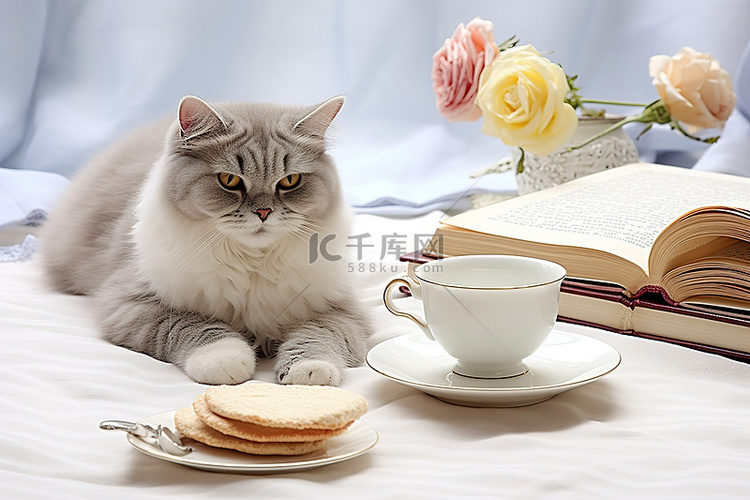桌子上的猫靠近一杯茶和马卡龙