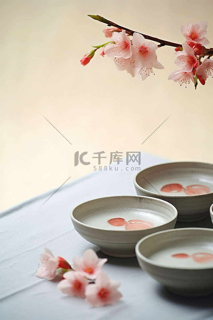 一个白盘子，里面有四个碗和鲜花