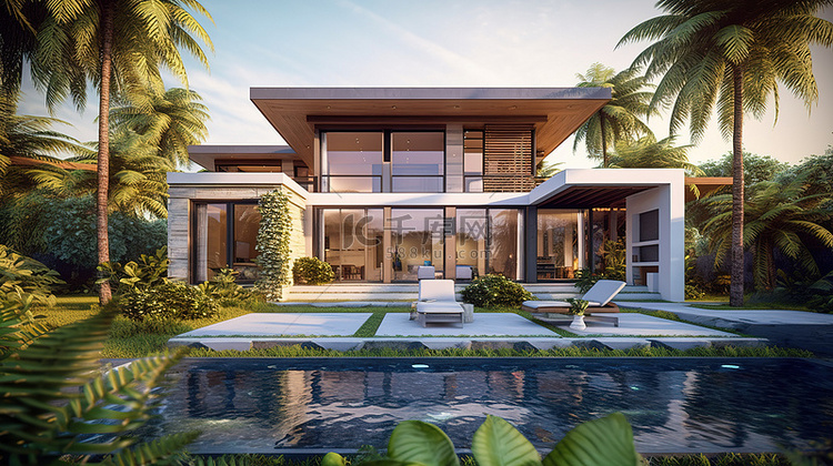 现代建筑热带房屋的当代 3D 插图