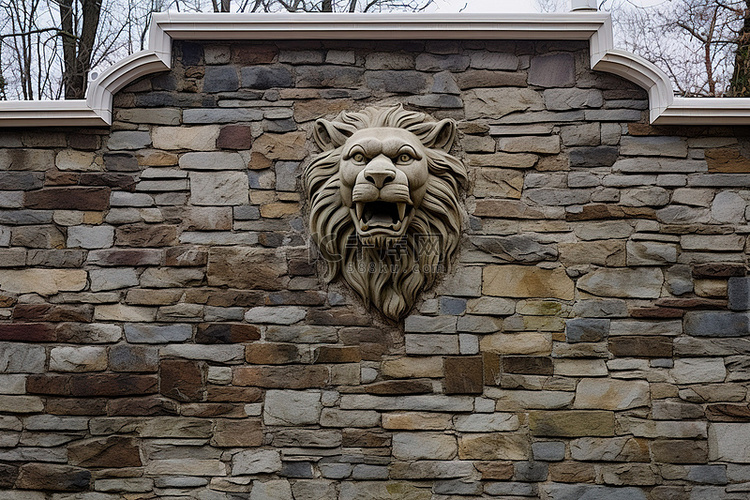 石墙的顶部有一只巨大的石狮面对
