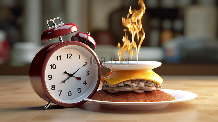 3d 渲染对象汉堡包时钟杯和咖啡