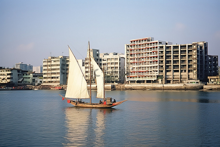 一艘帆船在建筑物旁边的水面上