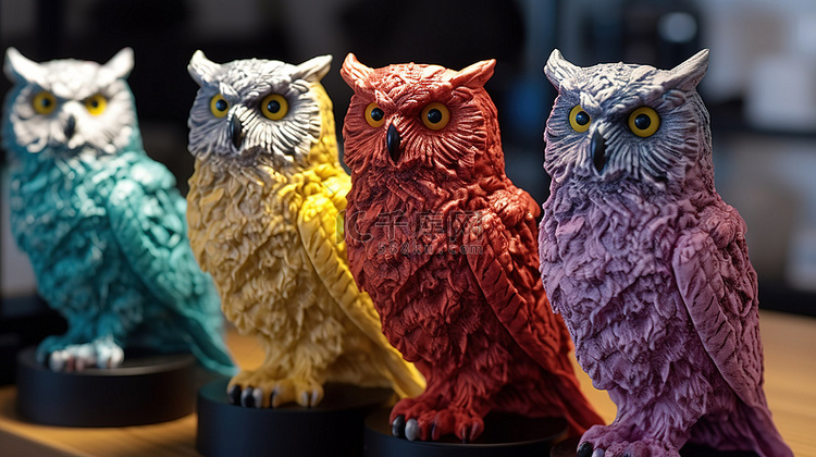 四个 3D 打印的彩色猫头鹰模