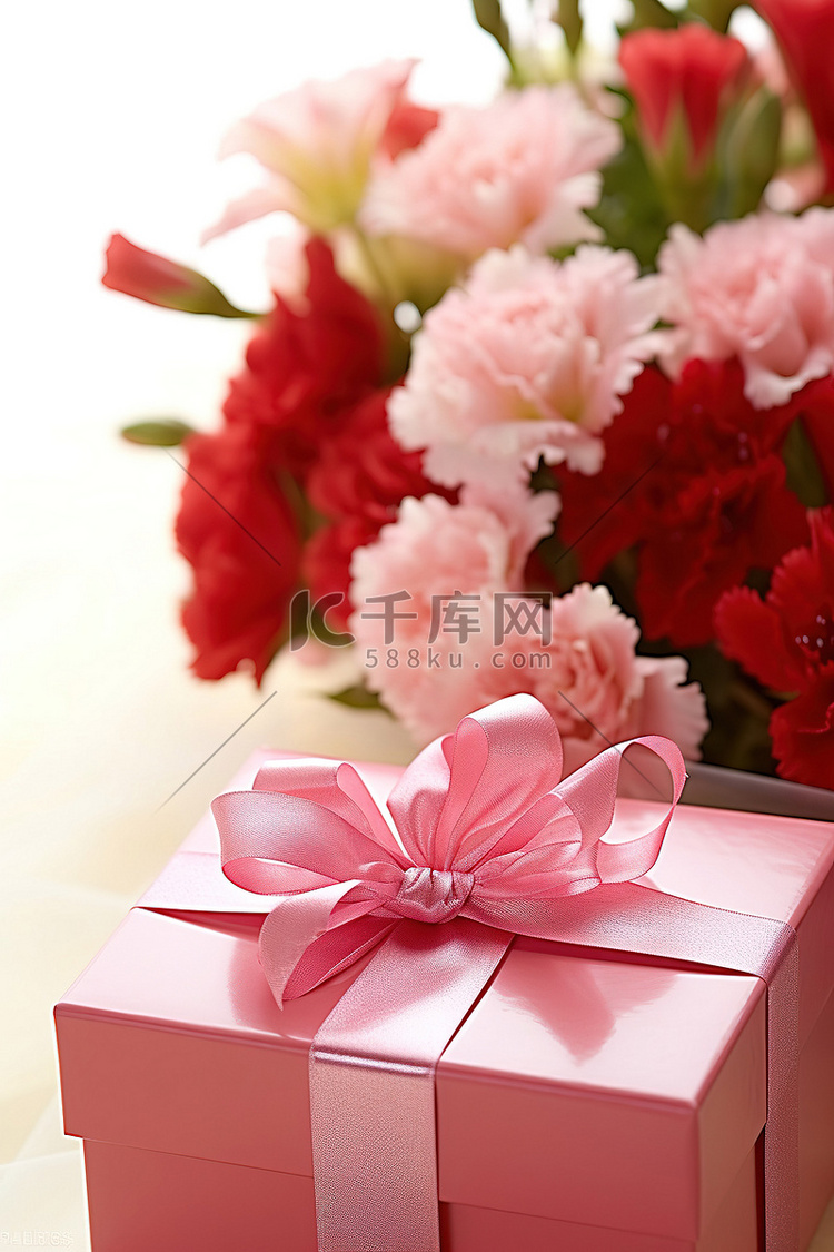 一个红色和粉色的礼品盒，旁边放