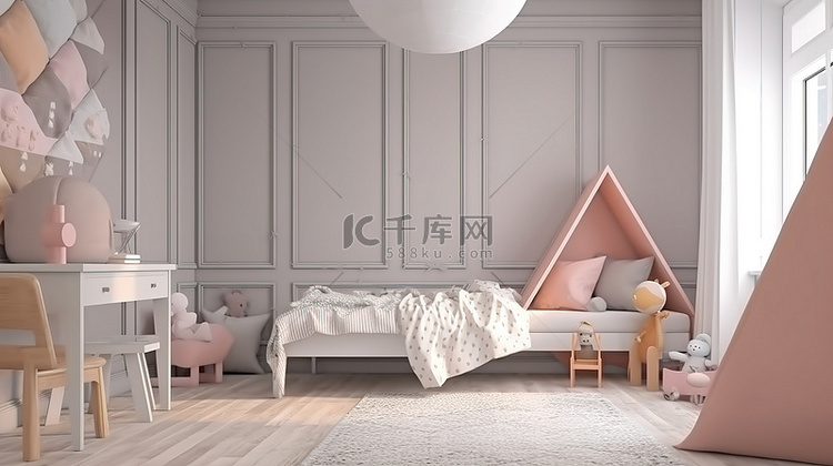 舒适儿童卧室的室内设计 3D 渲染