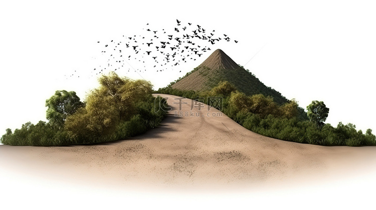 创意设计隔离浮动土路与山树和鸟