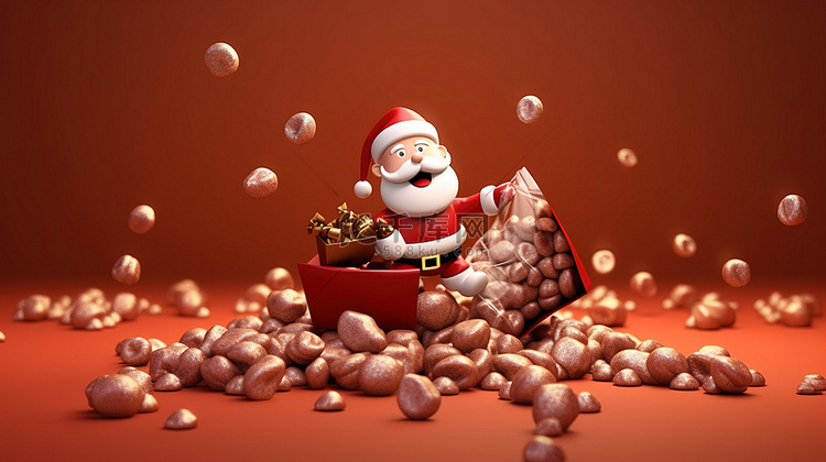 3D 渲染圣诞老人从礼品袋中得
