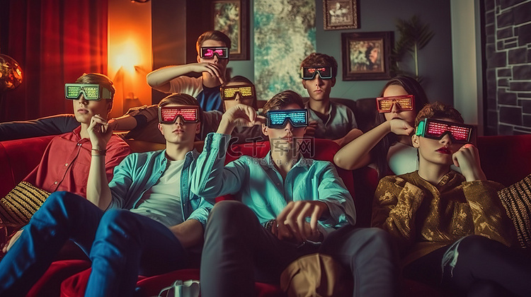 一群青少年在家享受 3D 电影