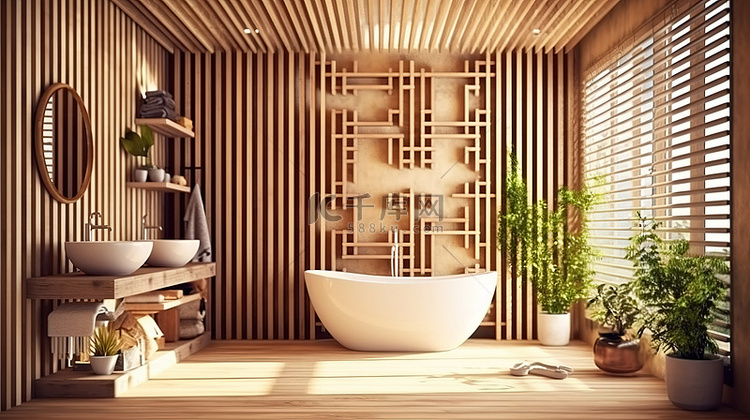 阳光明媚的现代浴室，配有 3D