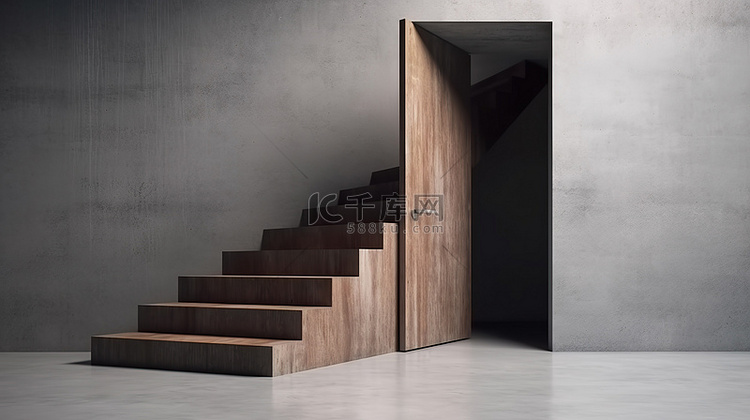 抽象混凝土楼梯顶上木门的 3D