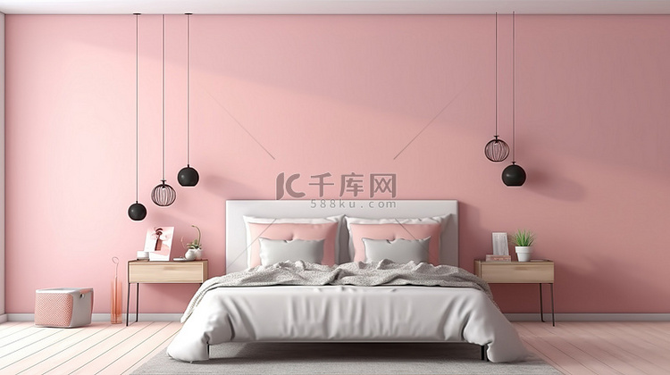舒适的卧室，在粉红色图案的墙壁