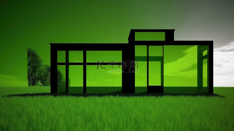 绿草背景，带有带窗户的房屋 3
