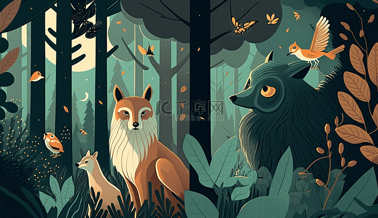 森林背景动物狐狸插画