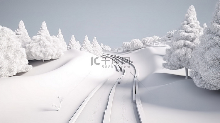 冬季仙境 3D 渲染雪路作为旅