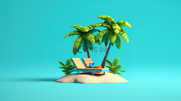 蓝色背景低聚岛的 3D 渲染，