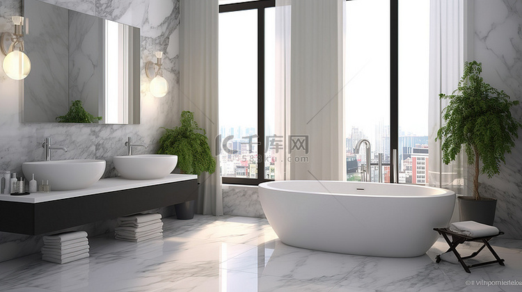 豪华白色大理石浴室内浴缸的 3