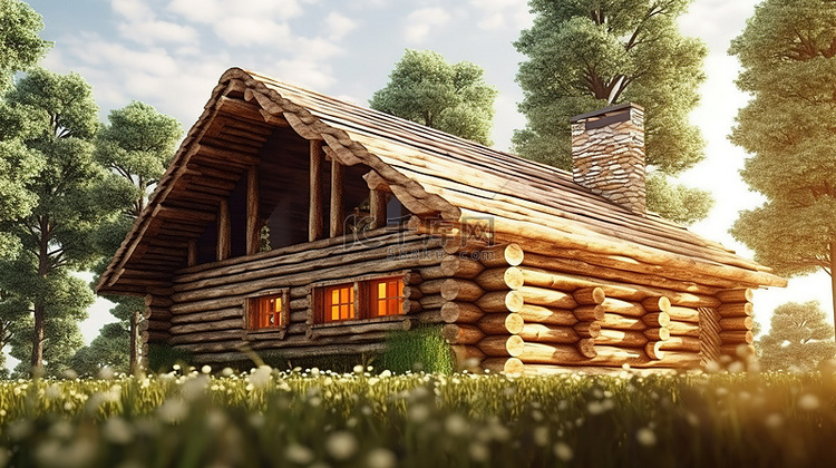 森林环境中小木屋的 3D 插图