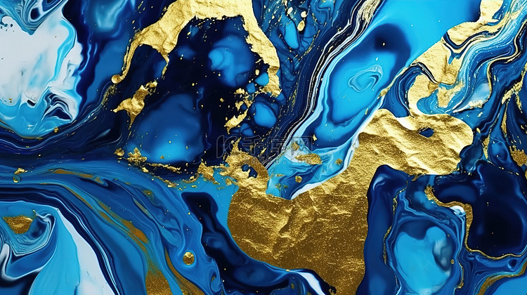 蓝色和金色大理石液体的豪华抽象