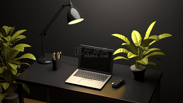 黑色表面办公桌的顶视图 3D 